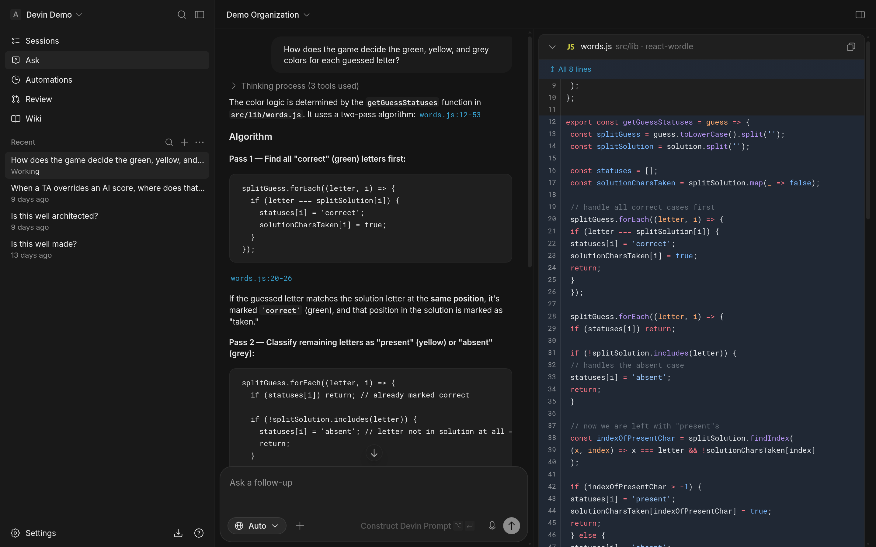Ask Devin answers a codebase question in natural language with citations back to the source files