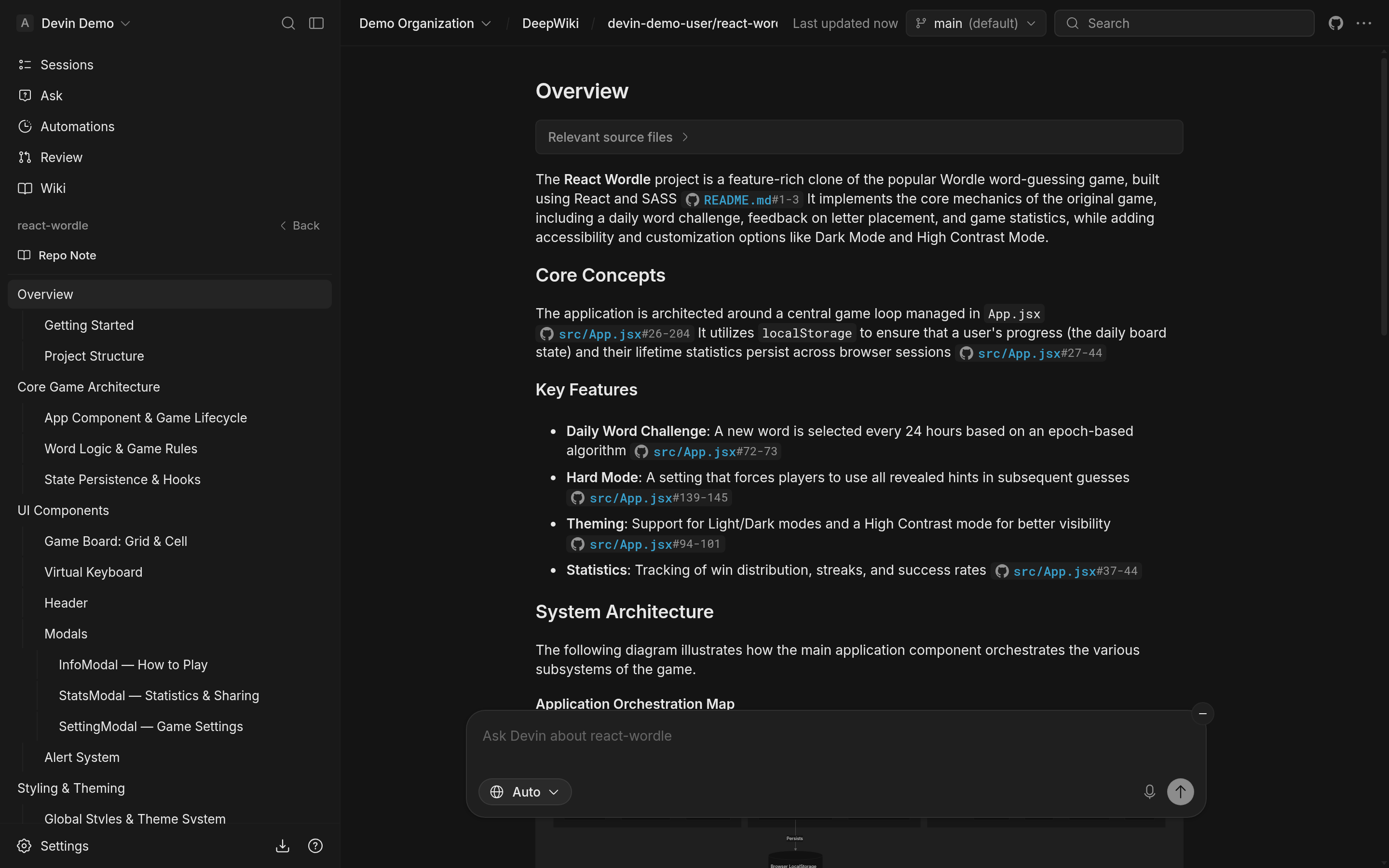 DeepWiki explains the react-wordle repository with a code-backed answer