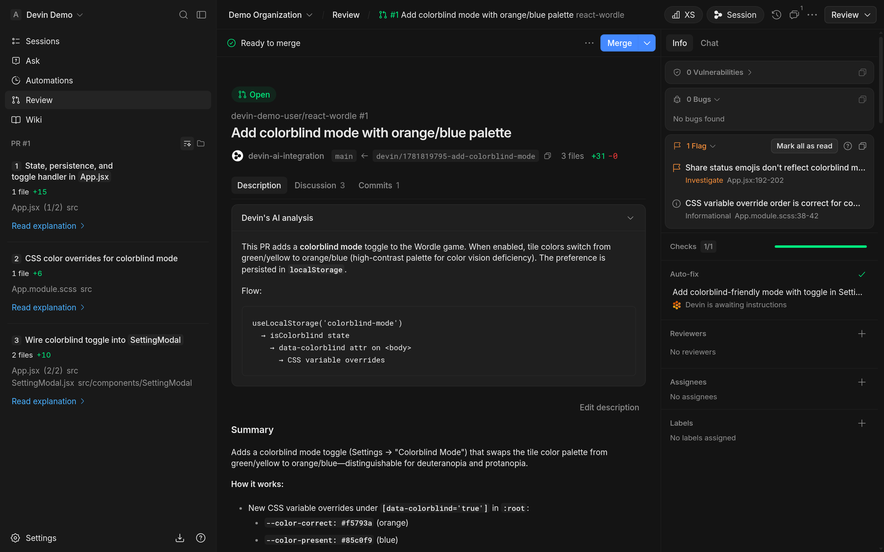Devin Review shows a completed findings summary for a pull request