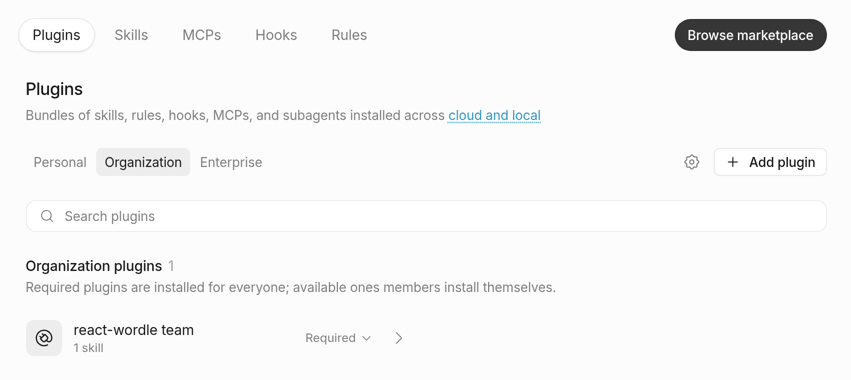 The Customize page on the Plugins tab at the Organization level, listing one required plugin