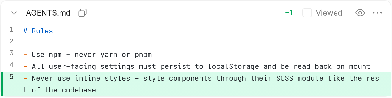 The AGENTS.md diff from a pull request: one added line, never use inline styles, style components through their SCSS module