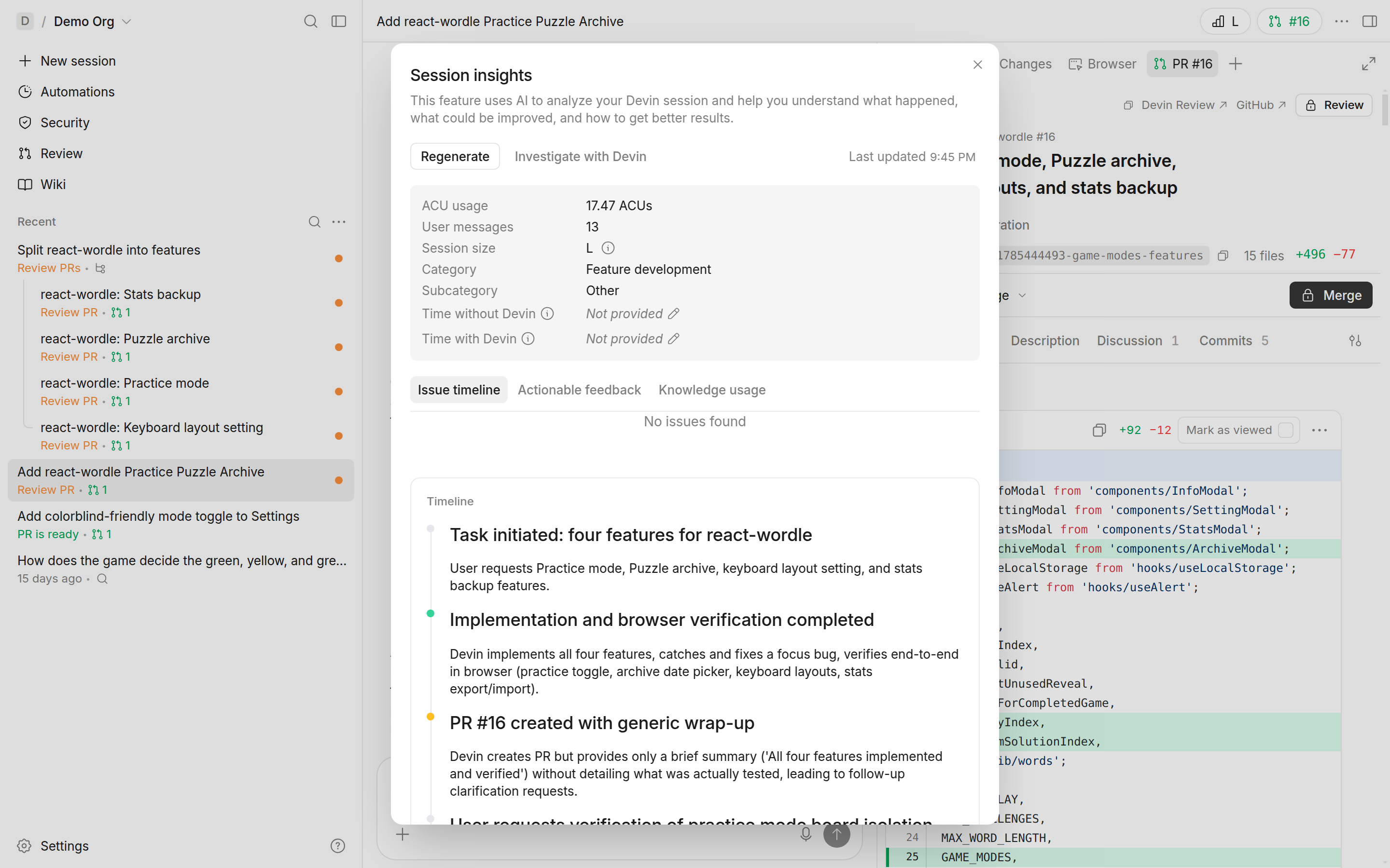 Session Insights modal with overview metrics and tabs
