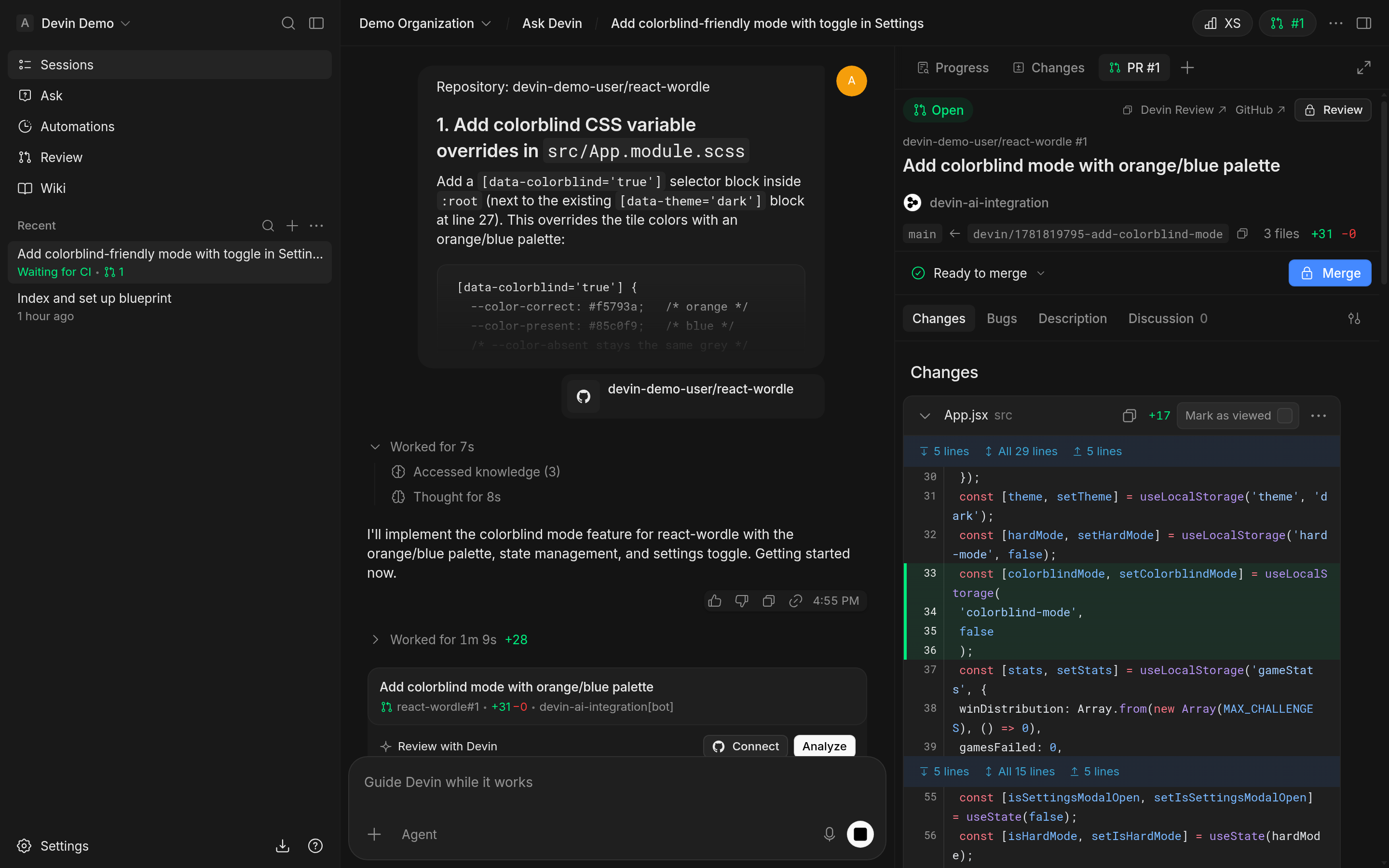 Completed Devin session showing the prompt, activity timeline, and pull request